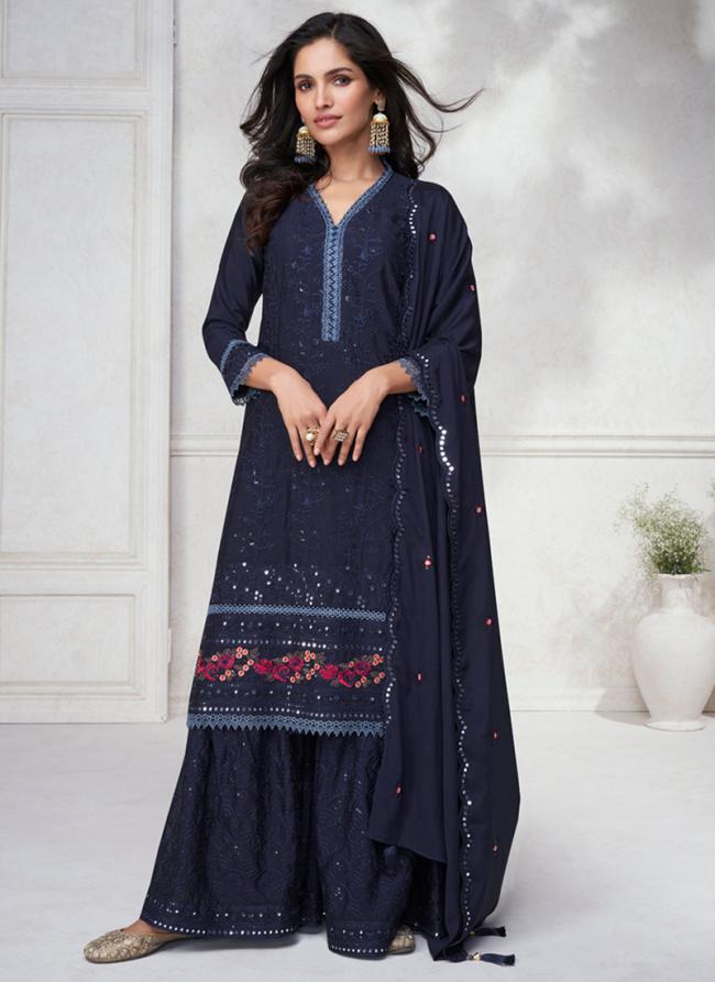 Chinnon Silk Navy Blue Eid Wear Embroidery Work Readymade Palazzo Suit